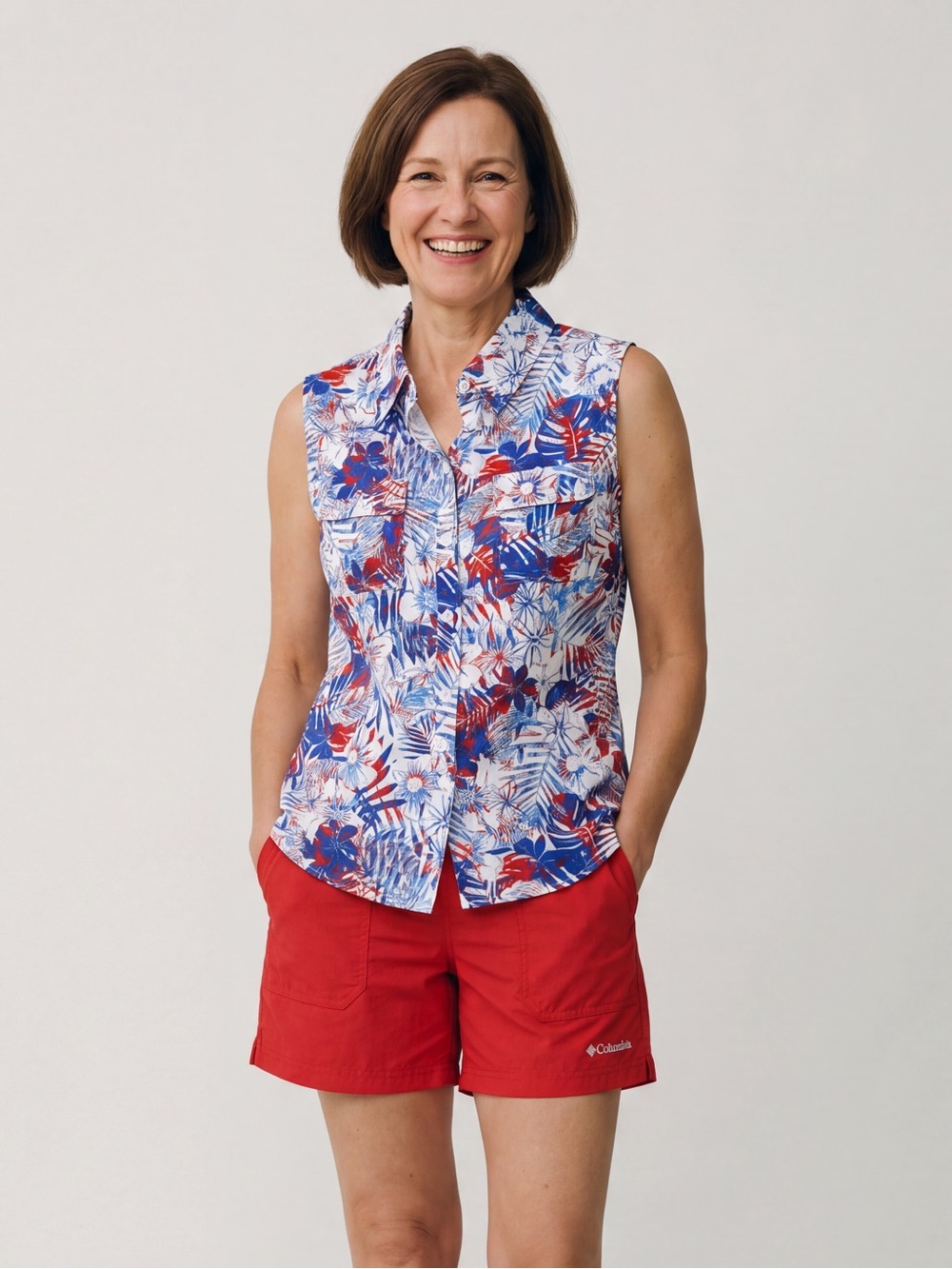 Silver Bait Patriotic Tropical Print Sleeveless Fishing Shirt Button Front UPF